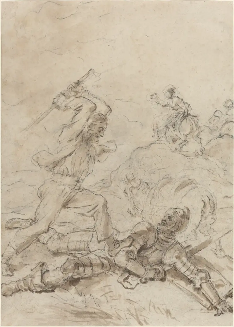 Der Maulesel greift Don Quijote an, während er hilflos am Boden liegt von Jean-Honoré Fragonard