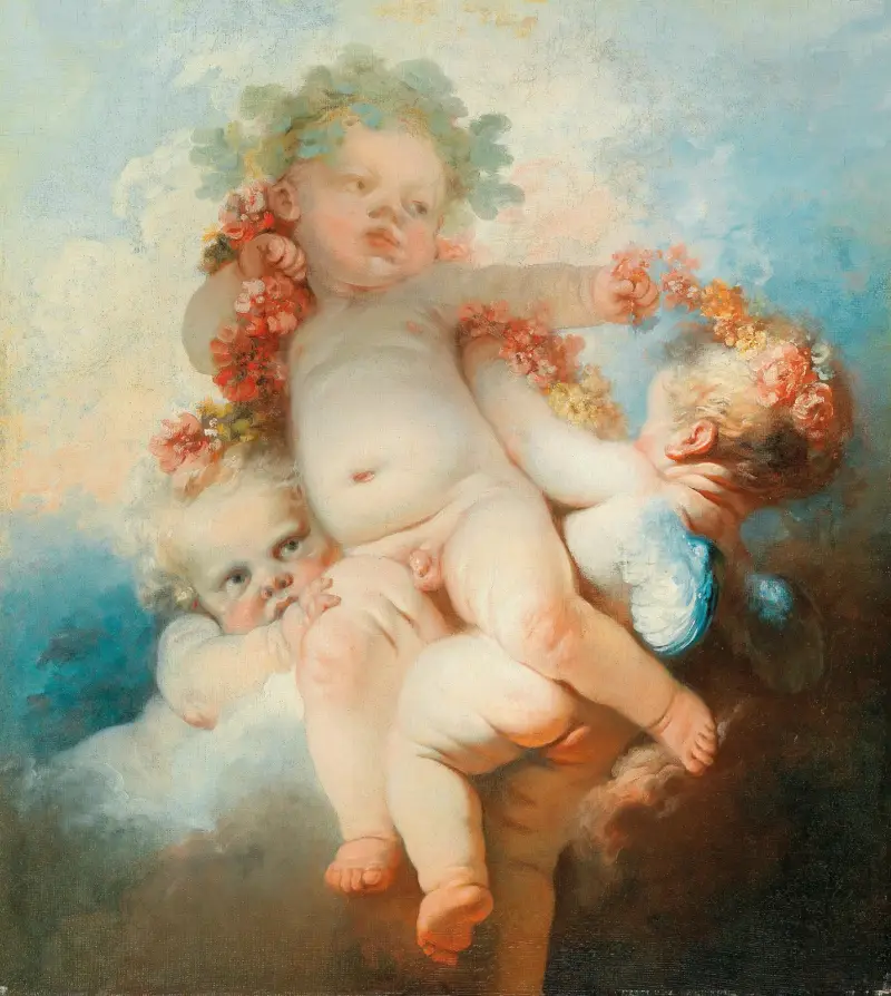 Drei Putten mit Blumen bekränzt von Jean-Honoré Fragonard
