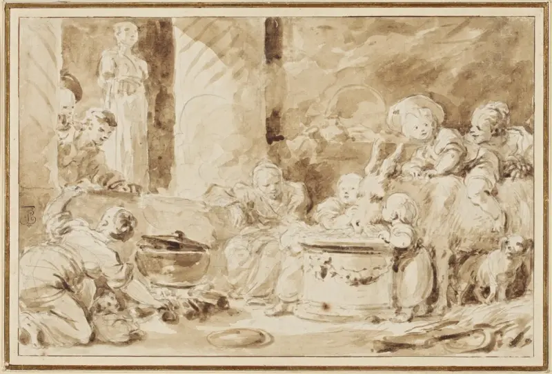 Framför en antik staty låter barn en åsna äta från ett altare av Jean-Honoré Fragonard