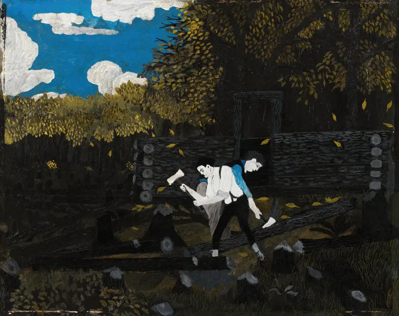 Abraham Lincoln och hans far bygger sin koja vid Pigeon Creek av Horace Pippin