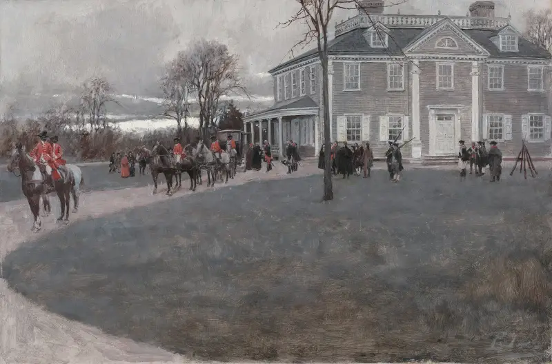 Lady Washingtons ankomst till högkvarteret, Cambridge, 1775 av Howard Pyle