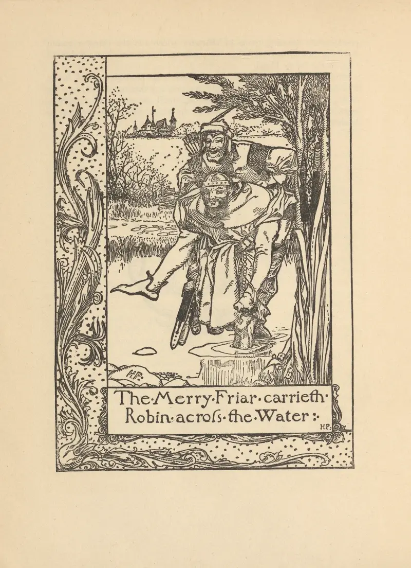Der fröhliche Mönch trägt Robin über das Wasser von Howard Pyle