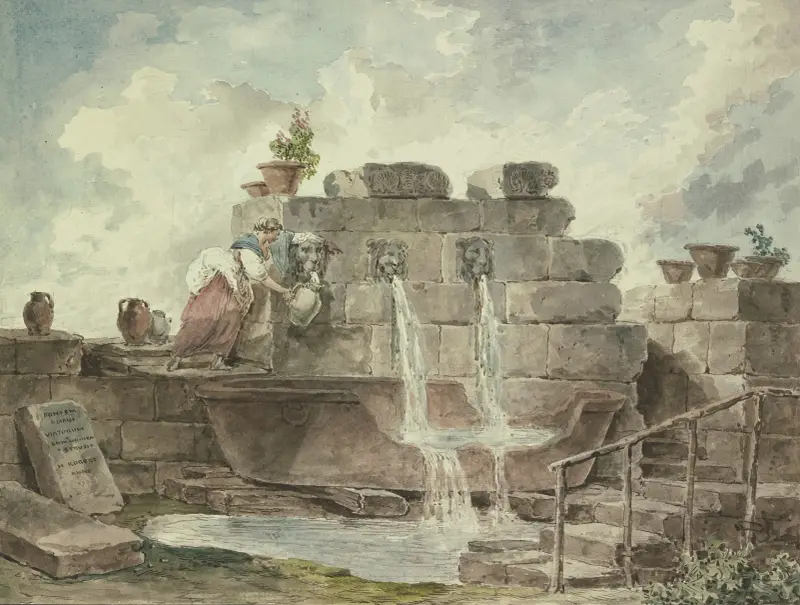 Eine römische Fontäne mit einer Frau, die Wasser schöpft von Hubert Robert