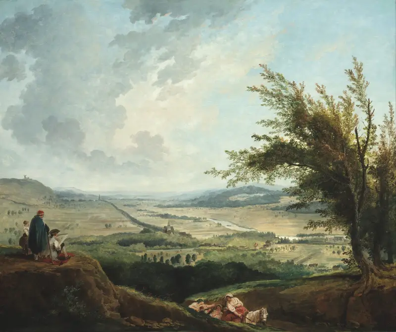 An extensive landscape near Paris av Hubert Robert
