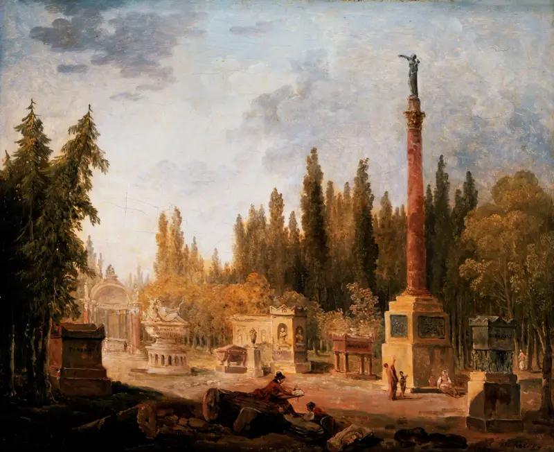 Trädgården vid Musée des monuments français, tidigare Petits-Augustins kloster av Hubert Robert