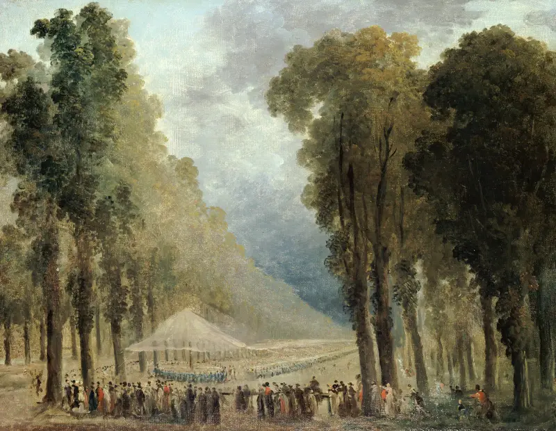 Måltid serverad åt trupperna i en allé på Champs-Élysées eller i Saint-Clouds park av Hubert Robert