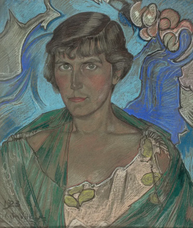 Porträtt av kvinna i grön sjal av Stanisław Ignacy Witkiewicz