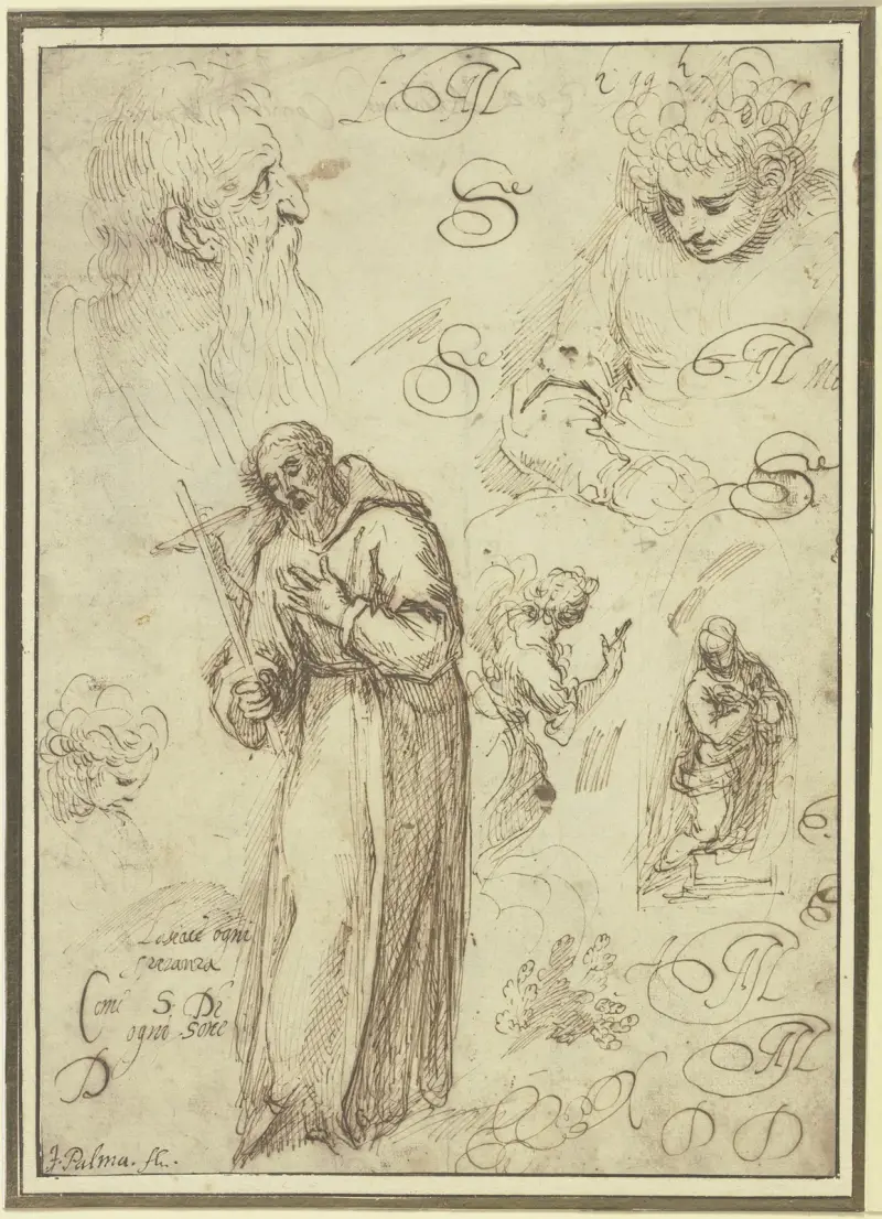 Studieblad med Sankt Franciskus, en bebådelse och tre huvudstudier av Jacopo Palma il Giovane