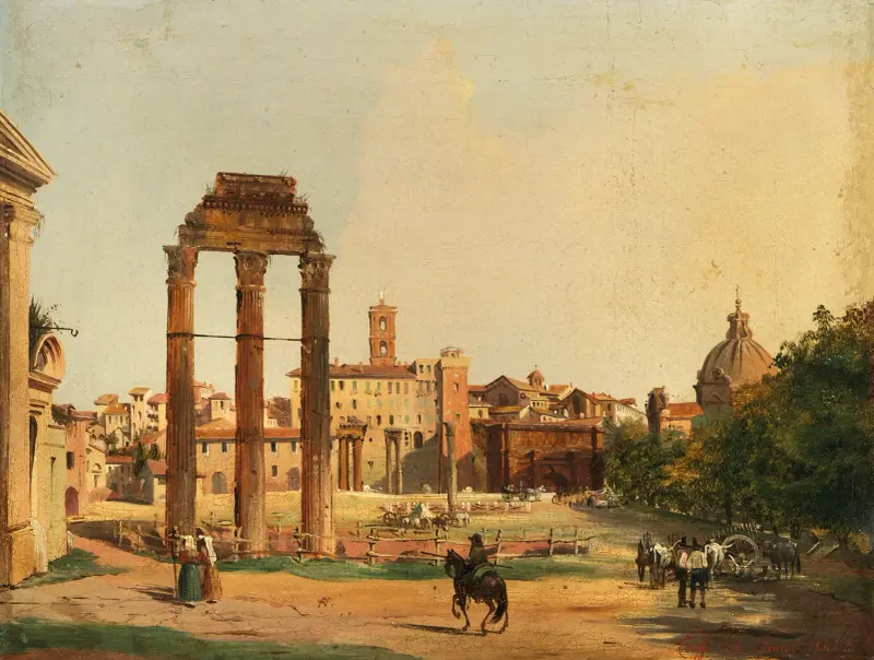 Rom, vy över Forum Romanum med Castor- och Polluxtemplet av Ippolito Caffi