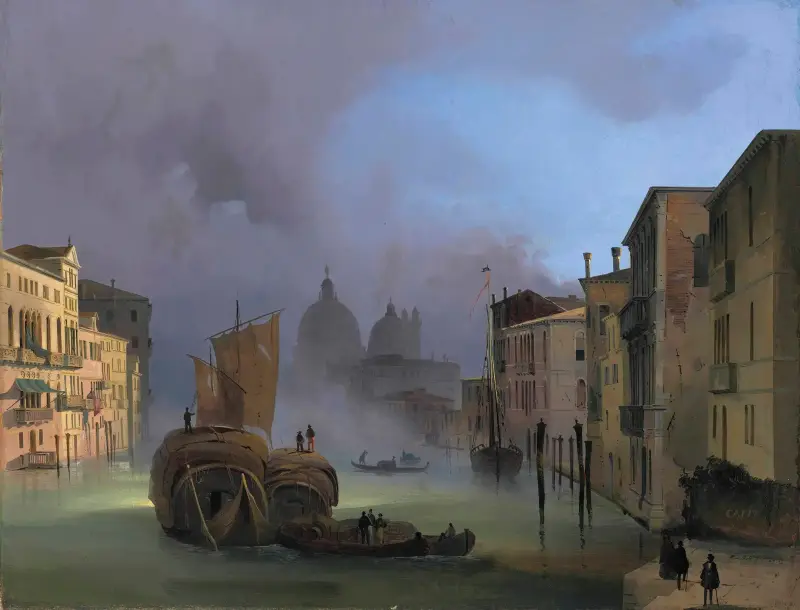 Canal Grande i Venedig från Ponte dell'Accademia med Santa Maria della Salute av Ippolito Caffi
