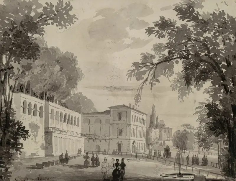 Vy över akvedukten och Aranciera i Villa Borghese, Rom av Ippolito Caffi