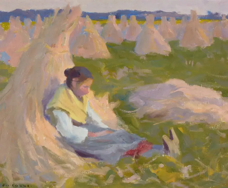 Peasant Girl Seated on Shocks of Grain av Eanger Irving Couse