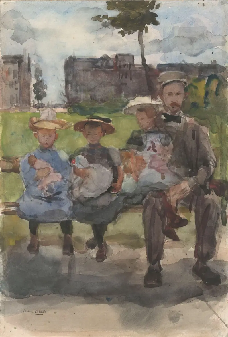 En man med tre flickor på en bänk i Oosterpark i Amsterdam av Isaac Israëls