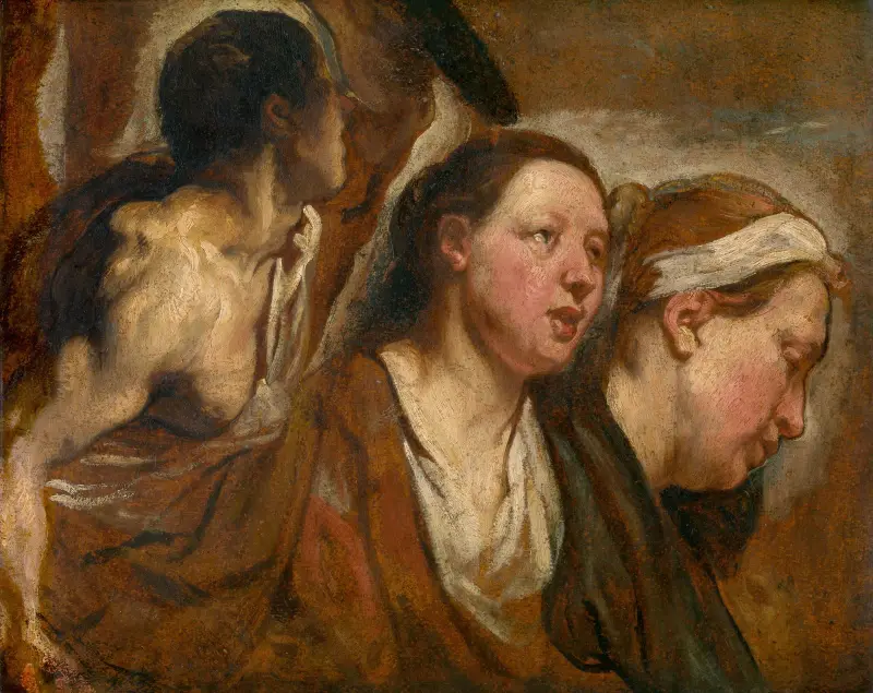 Två kvinnohuvuden och en krigares torso av Jacob Jordaens