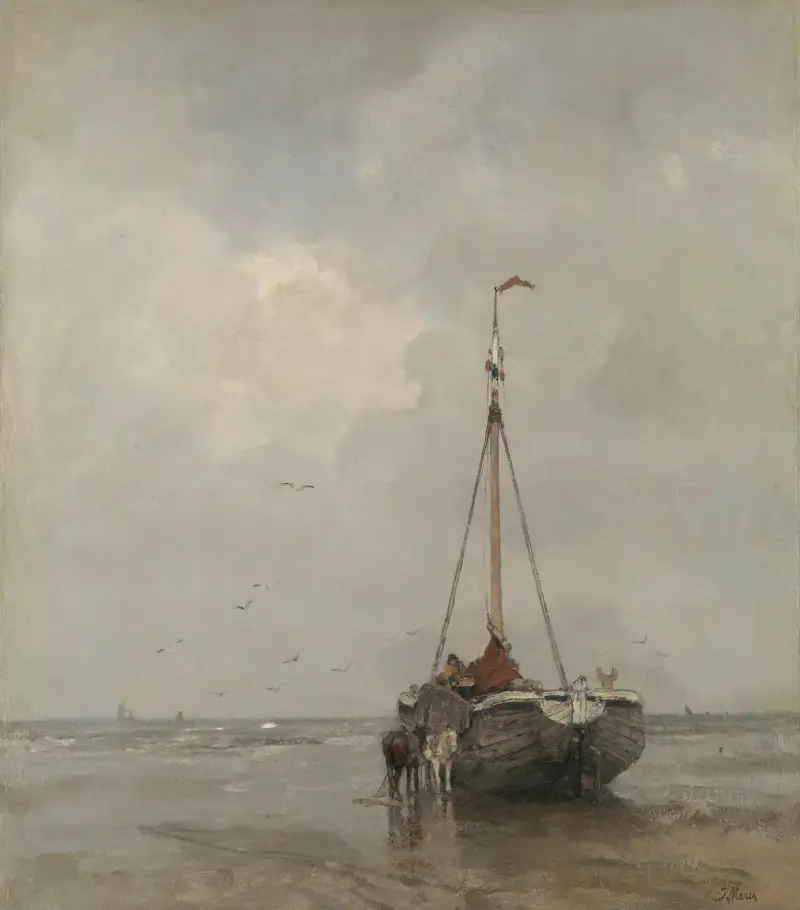 Fiskebåt med brett bog på stranden vid Scheveningen av Jacob Maris