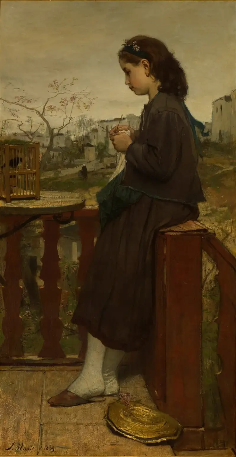Flicka som stickar på en balkong, Montmartre av Jacob Maris