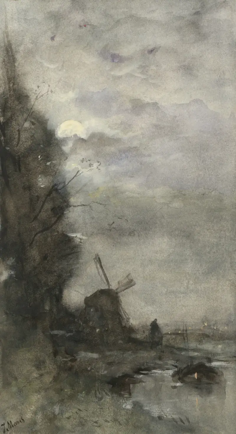 Landskap med väderkvarn i månsken av Jacob Maris