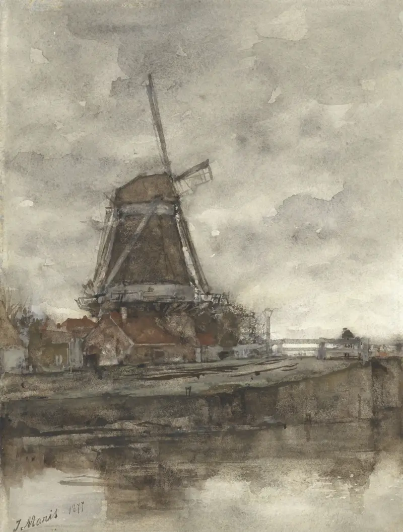 Väderkvarn och bro vid Noord-West-Buitensingel i Haag av Jacob Maris