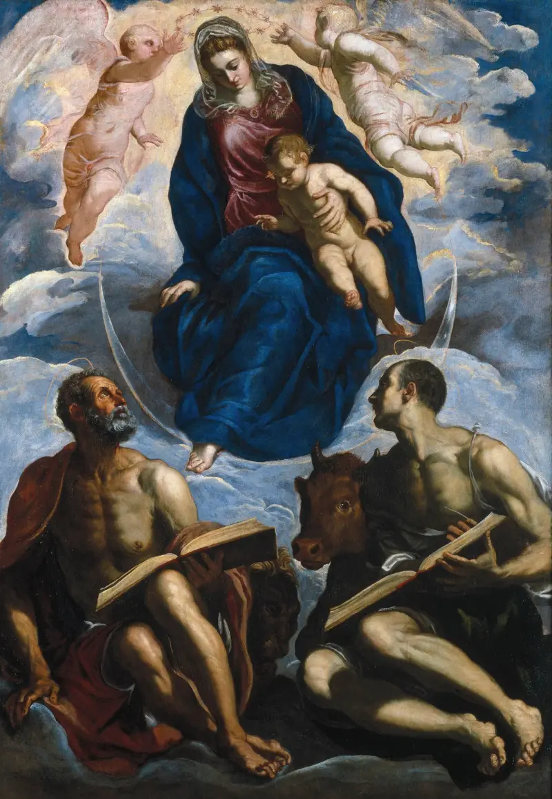 Maria med barnet, vördad av Markus och Lukas av Jacopo Tintoretto