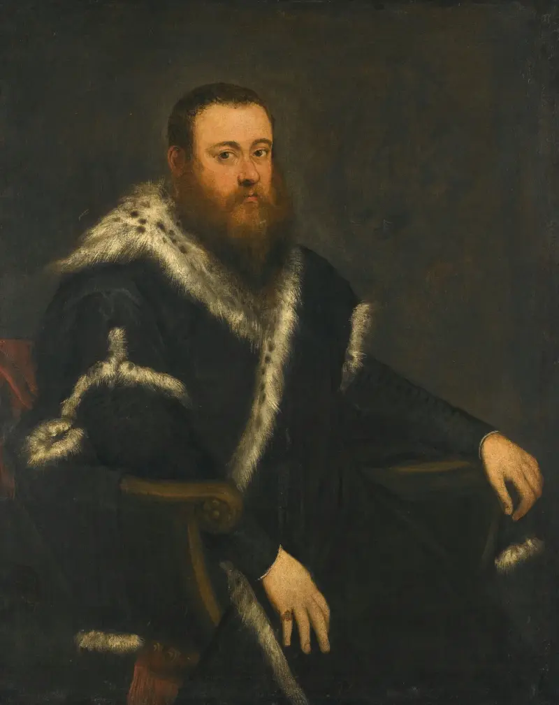 Bildnis eines bärtigen Mannes in schwarzem Gewand mit Pelz von Jacopo Tintoretto