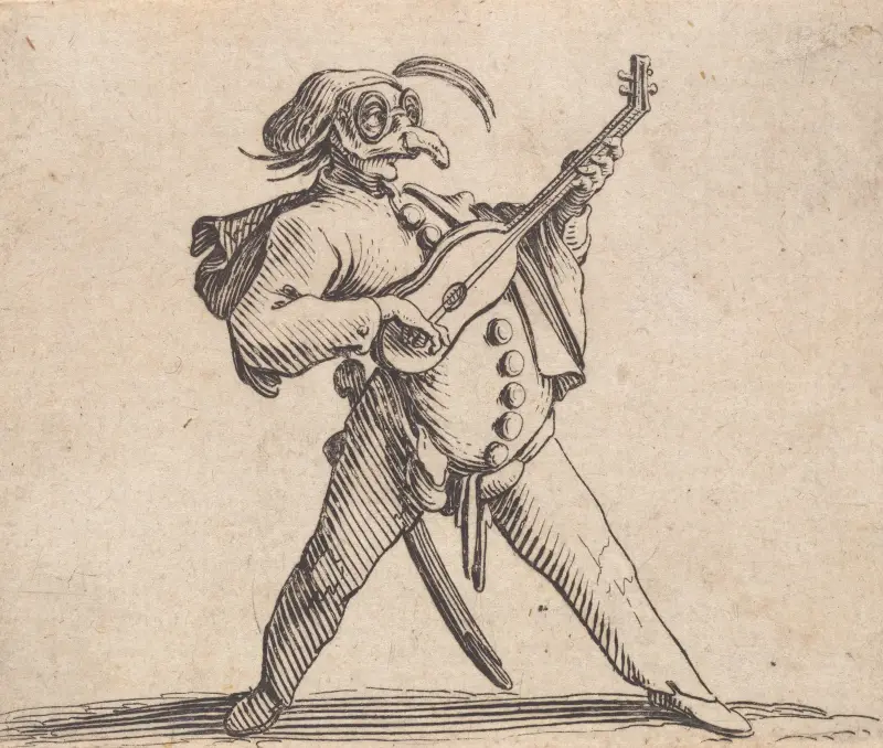 Den maskerade skådespelaren med glasögon som spelar gitarr av Jacques Callot