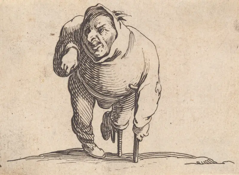 Den haltande mannen med kryckan och träbenet av Jacques Callot