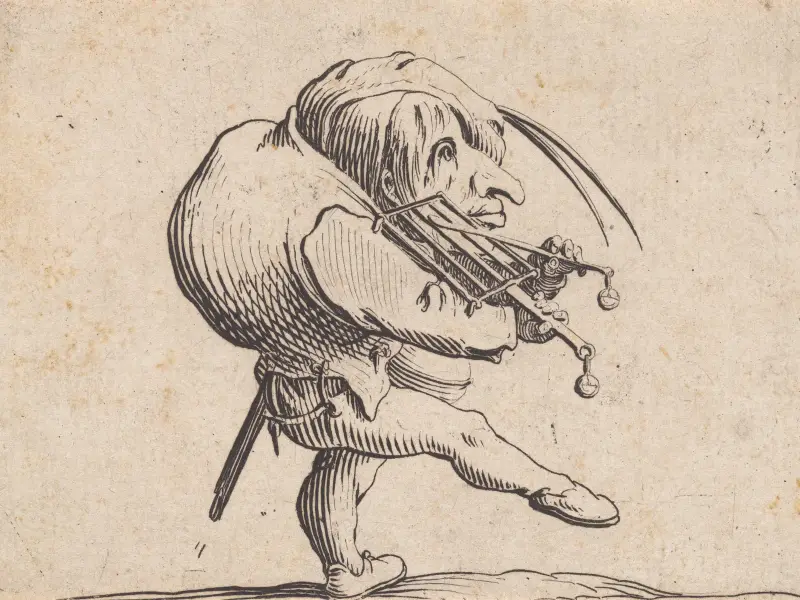 Man som dansar och skrapar ett galler som violin av Jacques Callot
