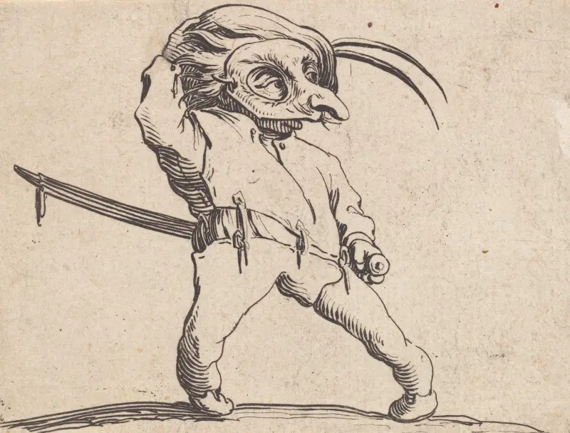 Maskerad man med hjulbenta ben av Jacques Callot