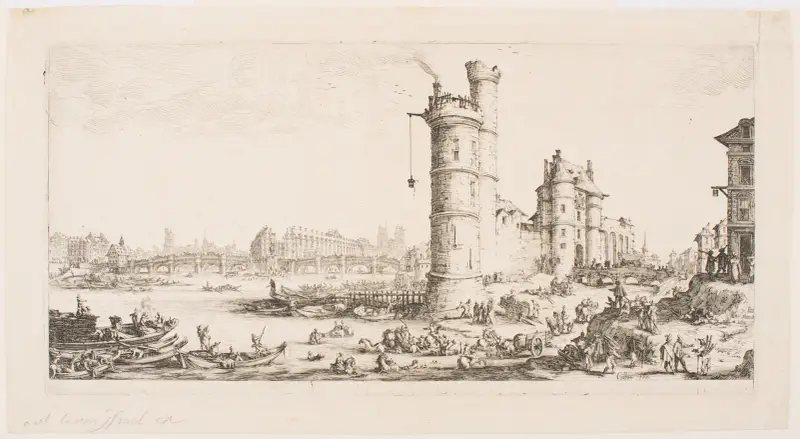 Utsikt över Pont-Neuf, från serien Paris stora vyer av Jacques Callot