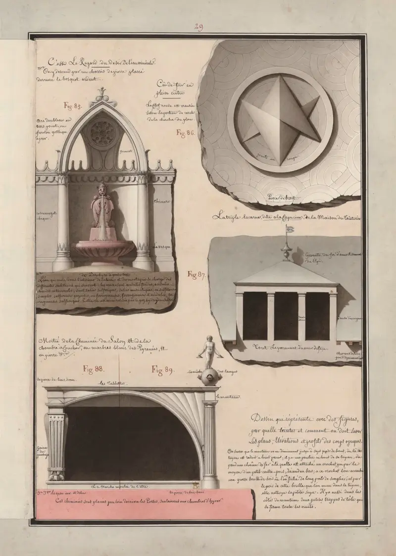 Teckning som med figurer visar med vilka nyanser och hur man ska lavera planer, elevationer och profiler av ogenomskinliga kroppar, 1777 – nr 10 av Jean Jacques Lequeu