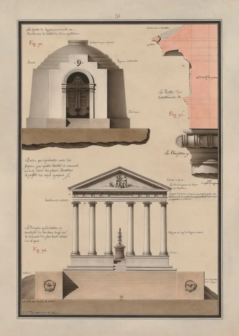 Rysunek przedstawiający za pomocą figur, jakimi odcieniami i w jaki sposób należy lawować plany, elewacje i profile ciał nieprzezroczystych, 1777 – Nr. 3, Jean Jacques Lequeu