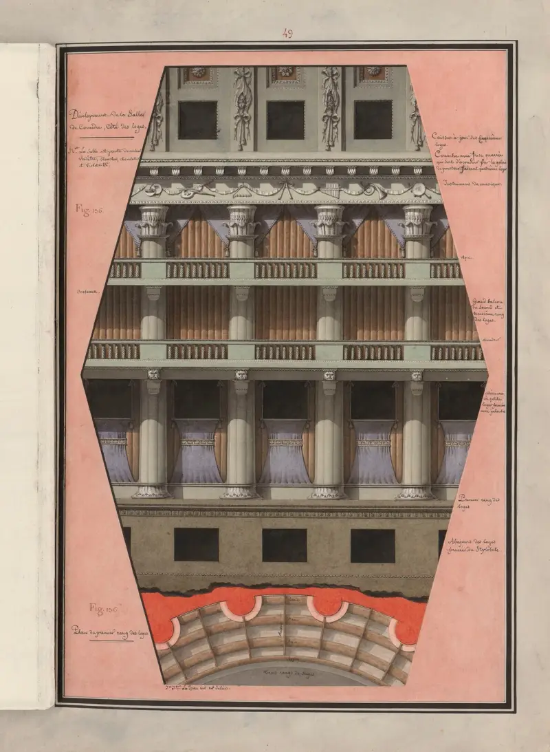 Développement de la salle de comédie, côté des loges ; Plan du premier rang des loges av Jean Jacques Lequeu