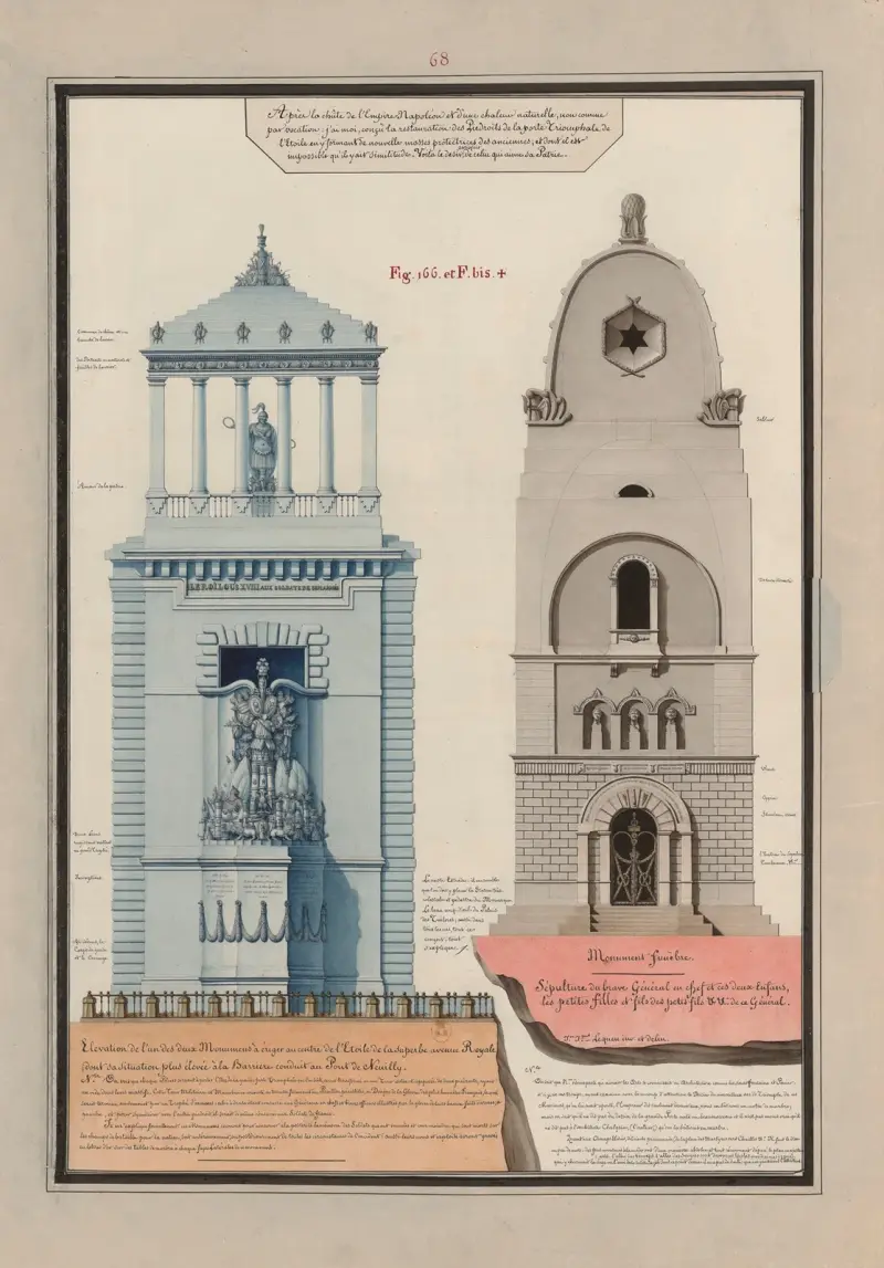Elevation av ett av de två monumenten att resa i mitten av Étoile vid den magnifika avenyn Royale av Jean Jacques Lequeu