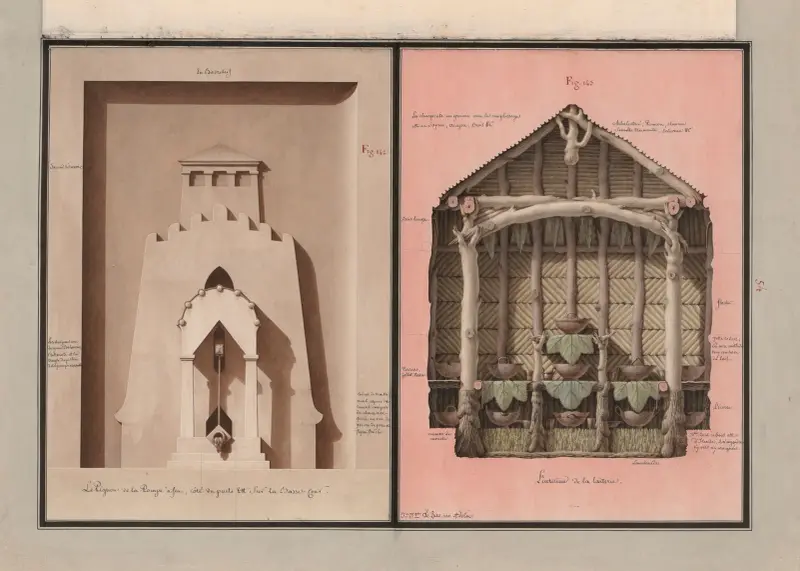 Le pignon de la pompe à feu, côté du puits est sur la basse-cour ; L’intérieur de la laiterie av Jean Jacques Lequeu