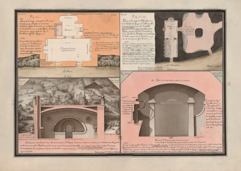 Plan och genomskärning av det lilla huset tillhörande den berömda sibyllan i de ensammas öken, utförda som en imitation av en grotta i Nasaret av Jean Jacques Lequeu