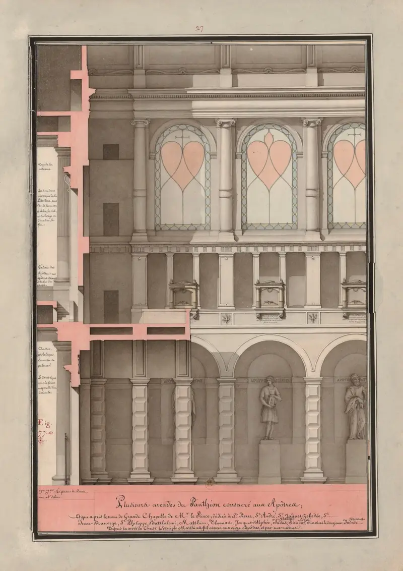 Mehrere Arkaden des den Aposteln geweihten Pantheon von Jean Jacques Lequeu