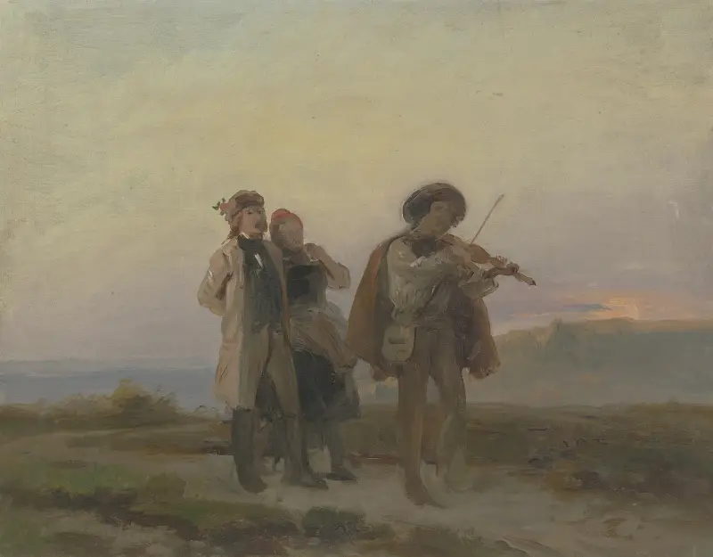 Aftonpromenad, spelman och bondepar på fälten av Jakob Becker
