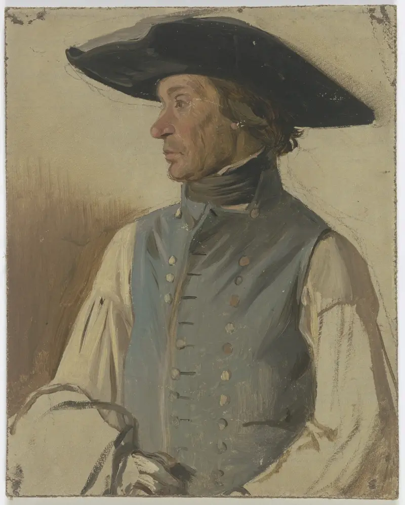Bauer mit großem Hut und blauer Weste av Jakob Becker