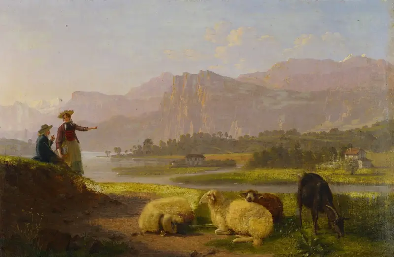 Sjöstrand nära Luzern med betande hjord av Johann Jakob Biedermann