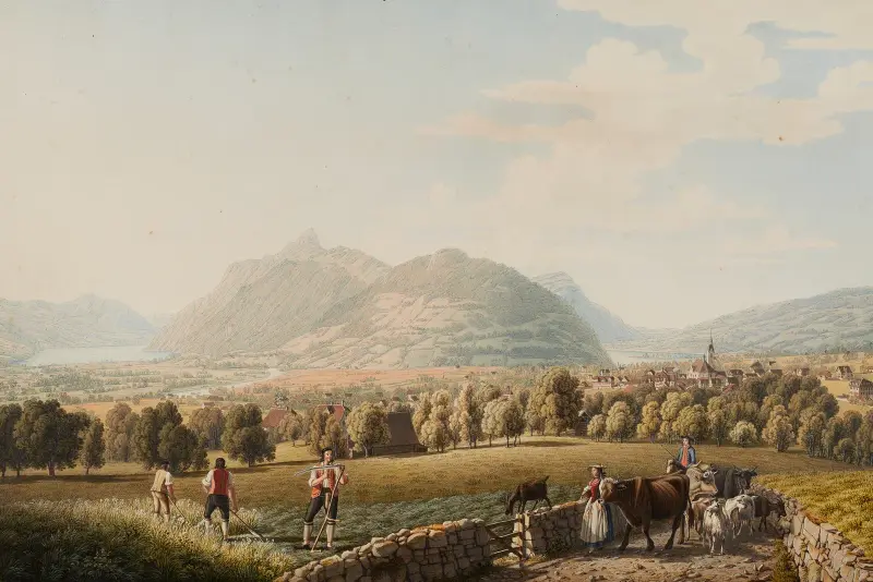 Pohled na město Schwyz, Johann Jakob Biedermann