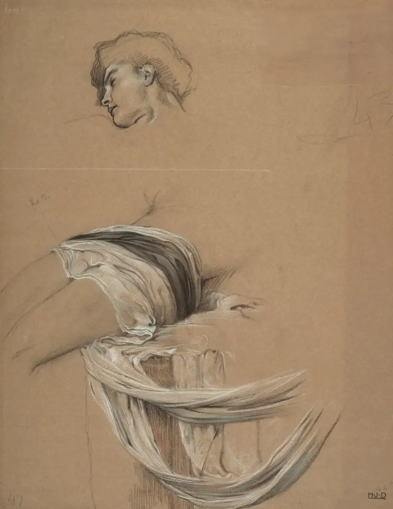Studier av en mans draperade midja och huvud av Herbert James Draper
