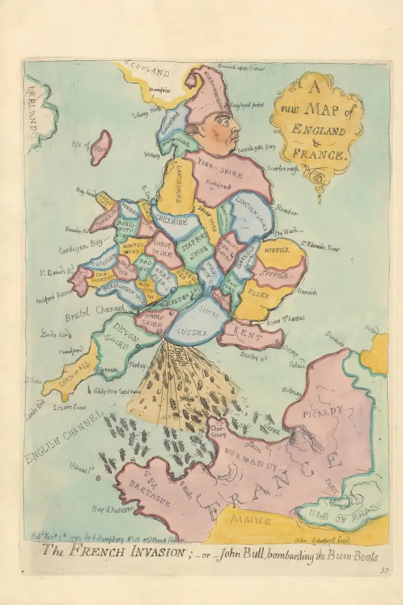 En ny karta över England och Frankrike. Den franska invasionen; – eller – John Bull bombarderar kanonbåtarna av James Gillray