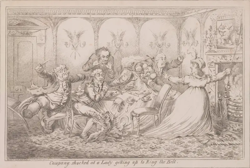 Sällskapet chockat när en dam reser sig för att ringa på klockan av James Gillray