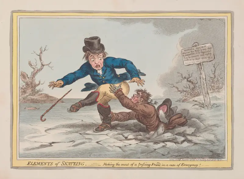 Grundlagen des Schlittschuhlaufens. Wie man in einem Notfall einen vorbeikommenden Freund bestmöglich nutzt! von James Gillray