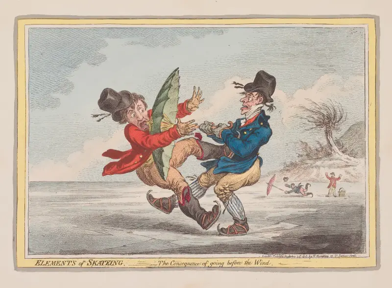 Skridskoåkningens element. Följden av att gå i medvind av James Gillray