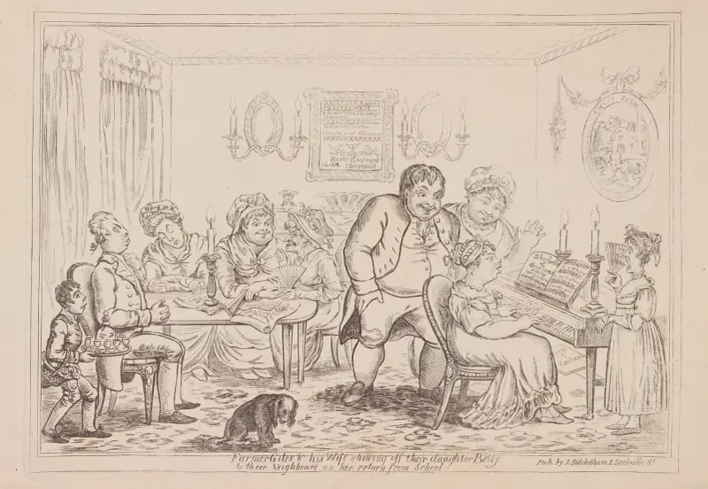 Bonden Giles och hans hustru visar upp sin dotter Betty för grannarna när hon kommer hem från skolan av James Gillray