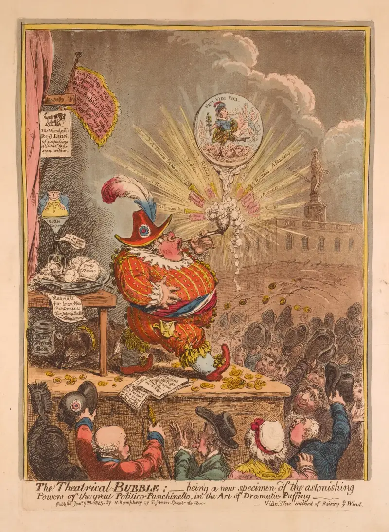 Den teatraliska bubblan – ett nytt prov på den store Politico-Punchinellos häpnadsväckande förmåga i den dramatiska puffningens konst av James Gillray