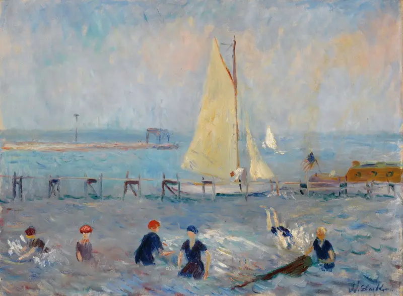 Kustlandskap med sex badande, Bellport av William James Glackens