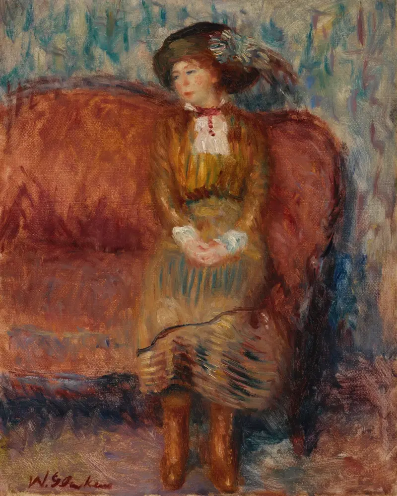 Sitzende Frau auf rotem Sofa von William James Glackens