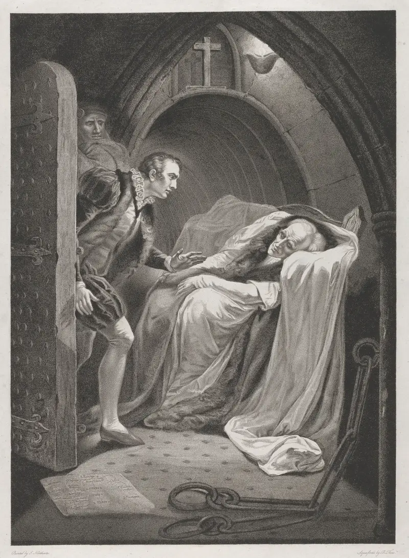 Kung Henrik VI, del I; akt II, scen V, ett rum i Towern (Mortimers död) av James Northcote